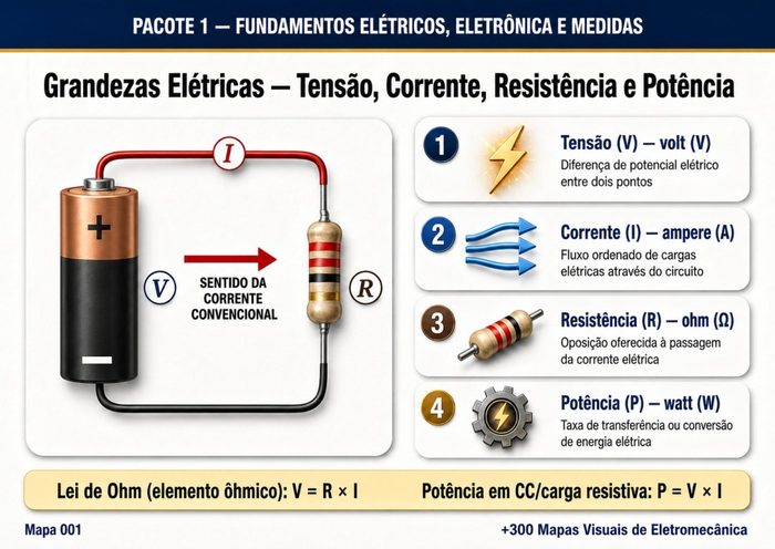 Mapa 001: Grandezas Elétricas — Tensão, Corrente, Resistência e Potência